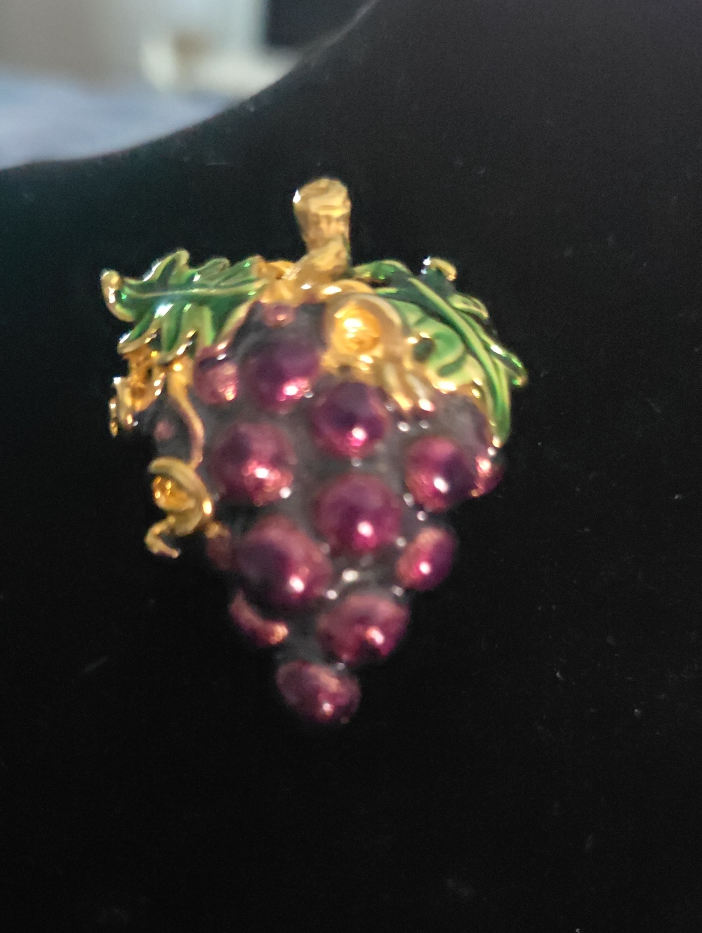 Vintage Gold-Tone Brooch with Purple Berries and Green Leaves
